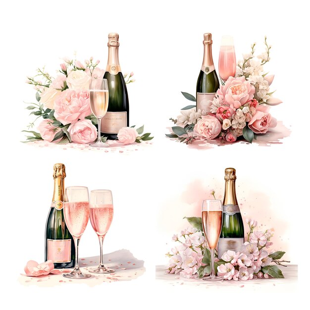 Watercolor illustration wedding champagne with flowers pink