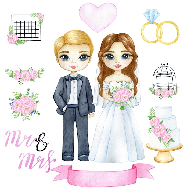 Watercolor illustration wedding decor set bride and groom