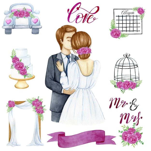 Foto set di decorazioni per matrimoni con illustrazione ad acquerello sposi