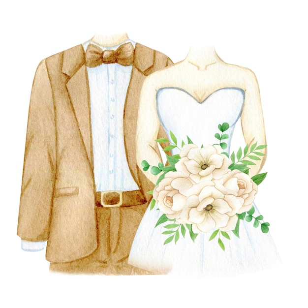 Watercolor illustration wedding decor set bride and groom