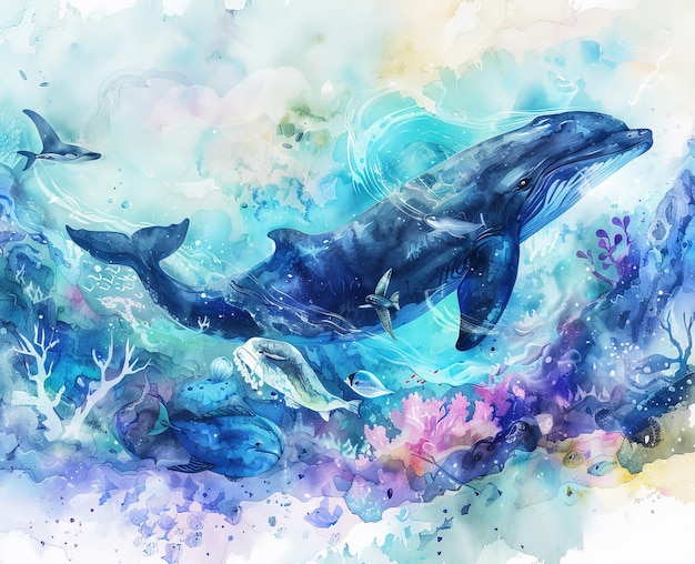 Watercolor illustration of a whale in the ocean Aquatic background