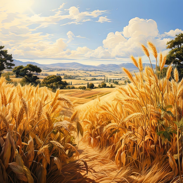 Watercolor illustration of a wheat field in the midst of a serene vineyard