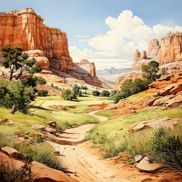 Watercolor illustration of a wheat field stretching towards a canyon with towering cliffs where