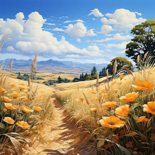 Watercolor illustration of a wheat field surrounded by rolling hills and blooming wildflowers