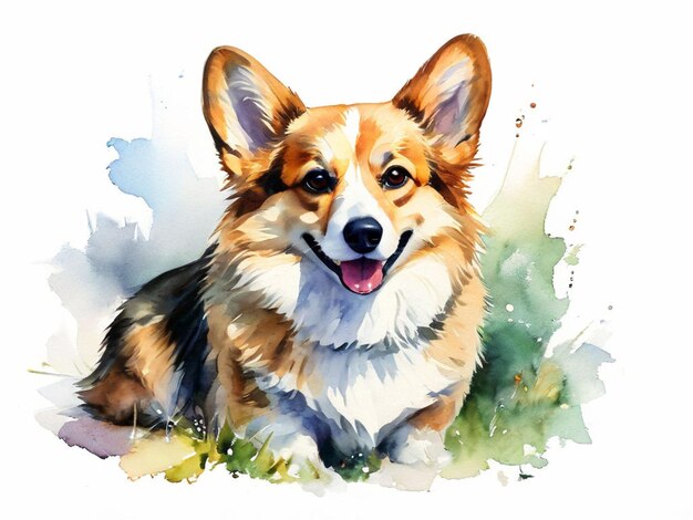 白い背景に水彩画を描いたコルギ・ドッグ (Corgie Dog) 