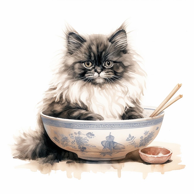 Watercolor illustration on a white background isolated of a gray fluffy cat with plate