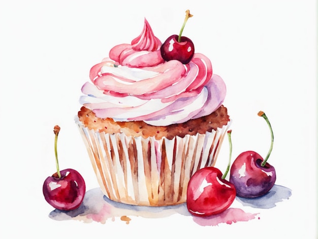 watercolor illustration on white background sweets cupcake with cherry