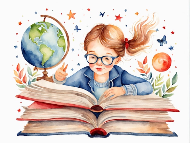 watercolor illustration on white background World Book Day with girl