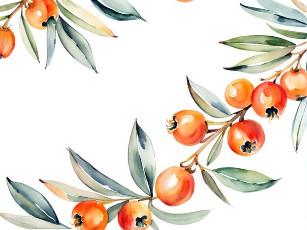 watercolor illustration on white backgroundsea buckthorn branches with orange berries and green lea