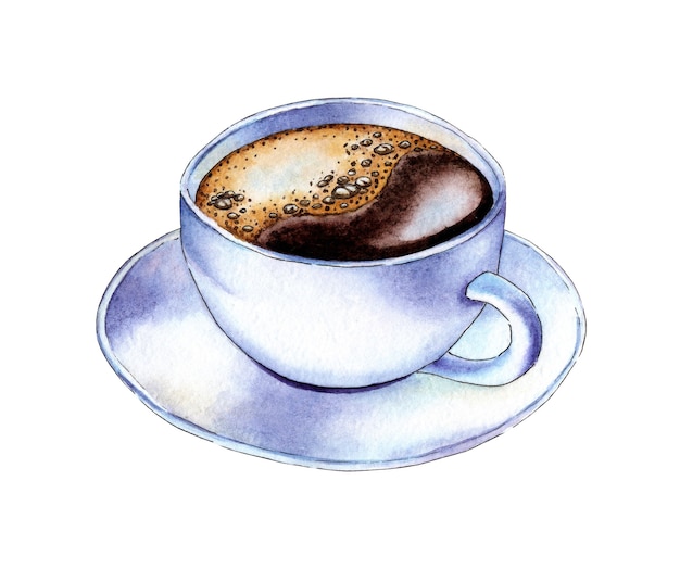 Watercolor illustration of a white coffee cup and saucer Coffee in a white cup with froth Black