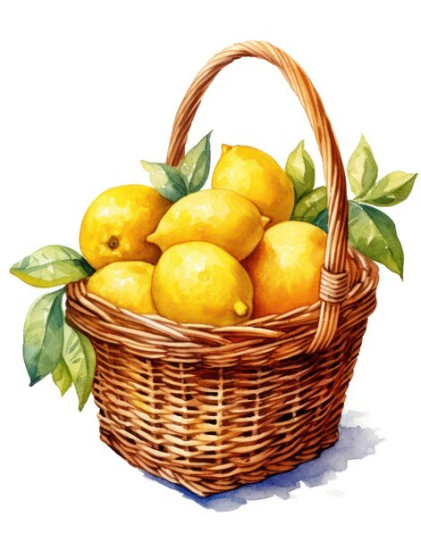 Photo watercolor illustration of a wicker basket with lemons isolated on white background