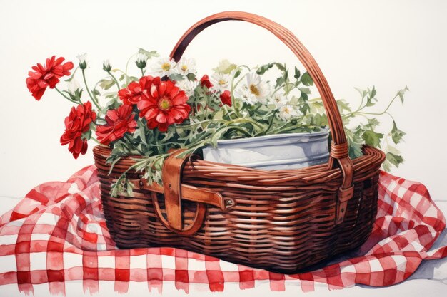 watercolor illustration of a wicker picnic basket