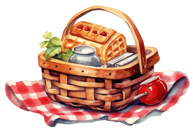 Photo watercolor illustration of a wicker picnic basket