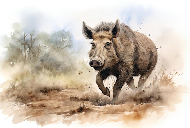 a watercolor illustration of a wild boar in the style of realistic landscapes with soft