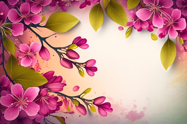 Watercolor illustration with branches of pink cherry blossom on a light background Generative AI