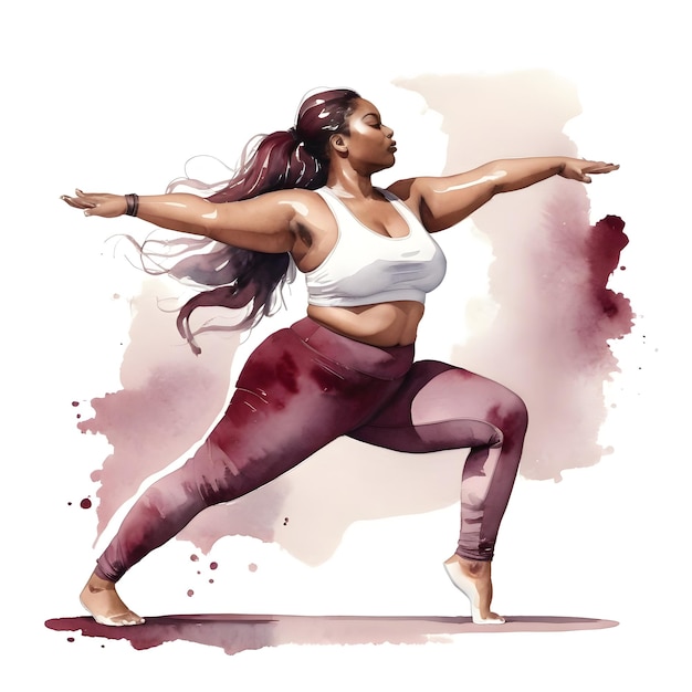 Watercolor illustration with burgundy tones of a plus size woman in yoga pose the warrior