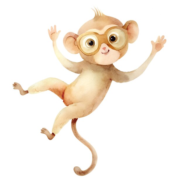 Watercolor illustration with cartoon funny monkey jumping in glasses Isolated on white background