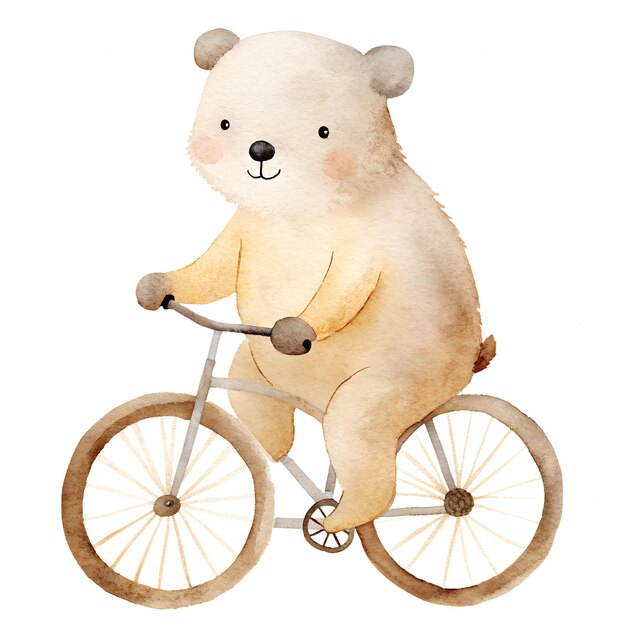 Watercolor illustration with cartoon funny white polar bear on bicycle Isolated on white background