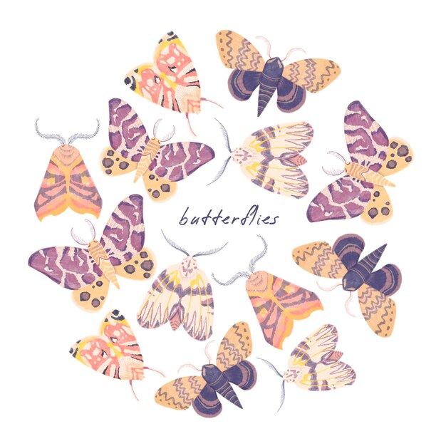 Watercolor illustration with exotic butterflies moths  isolated on white background Round frame