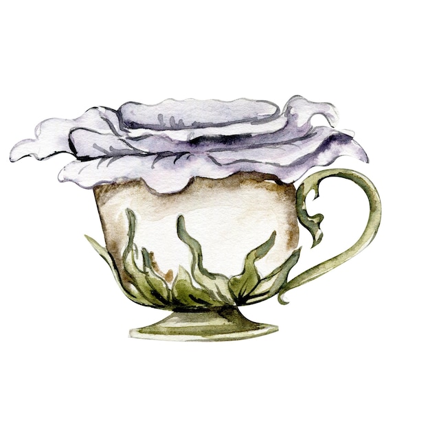 Watercolor illustration with flower in cup. Hand drawn element.