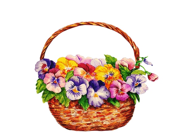 watercolor illustration with flowers and leaves in a basket