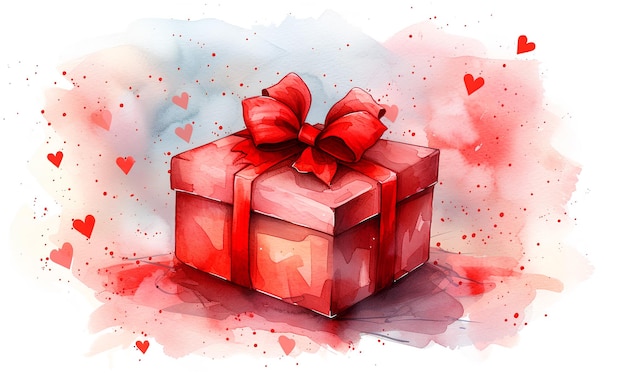 Photo watercolor illustration with gift box with red ribbon