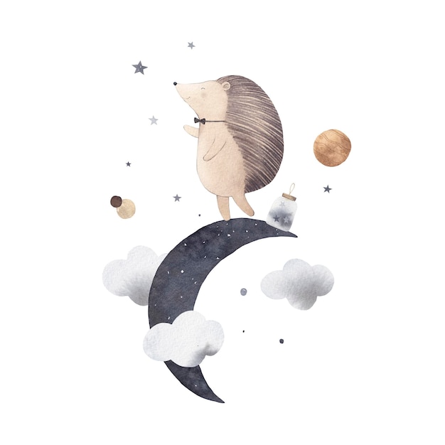 Watercolor illustration with hedgehog reaching for stars moon clouds and planets Children's poster