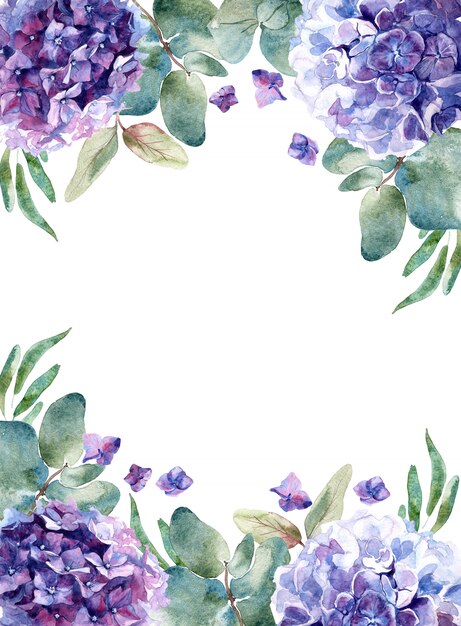 Watercolor illustration with hydrangea and green twigs on a white background