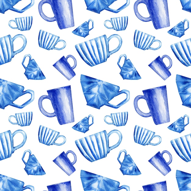 Watercolor illustration with multicolored porcelain cups