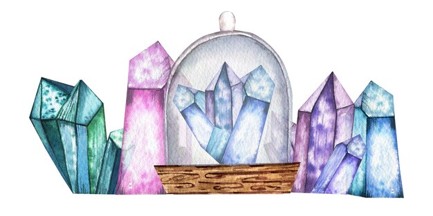 Watercolor illustration with mystical objects hand drawn glass dome with crystal inside and pink