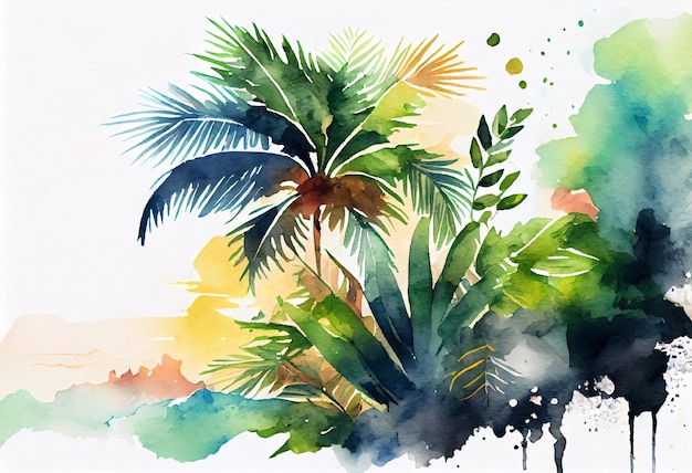 Watercolor illustration with Palm trees and tropical vibe Background Generative AixA