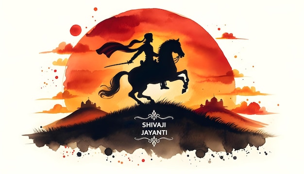 Watercolor illustration with a silhouette of a shivaji maharaj on horseback at sunset