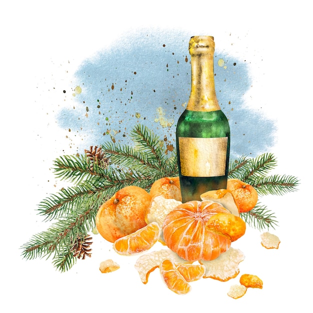 Foto illustrazione ad acquerello con mandarini champagne e albero di natale disegno a mano di composizione di capodanno