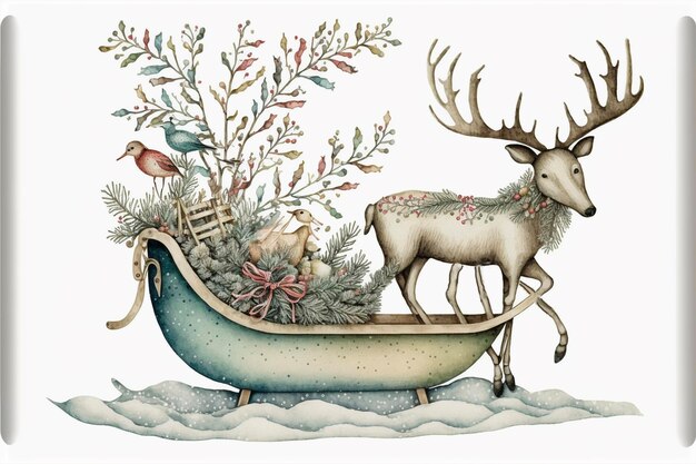 Watercolor illustration with winter items sled reindeer Generative Ai