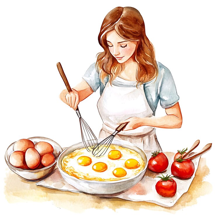Photo watercolor illustration of a woman cooking sunnysideup eggs