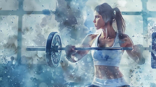 watercolor illustration of woman in exercise clothes lifting a barbell in the gym
