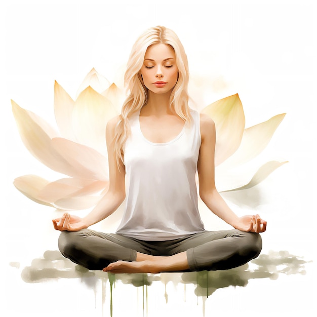 Watercolor Illustration of a Woman Meditating Embracing Zen Relaxation Yoga and Nature