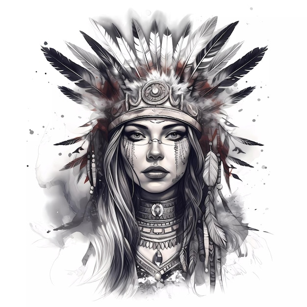 A watercolor illustration of a woman with a feather headdress