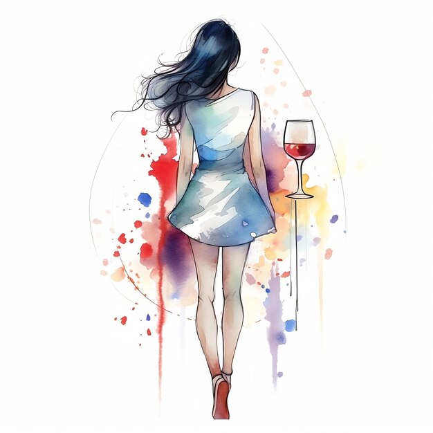 Foto illustrazione ad acquerello di una donna con il vino illustrazione acquerellata digitale di una moglie con il vino