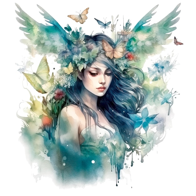 Watercolor illustration of a woodland nymph Ai generative