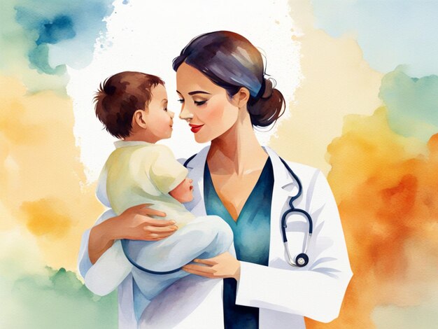 Photo watercolor illustration world health day a young woman doctor holding a child in her arms a pediatri