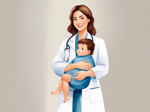 Watercolor illustration World Health Day a young woman doctor holding a child in her arms a pediatri