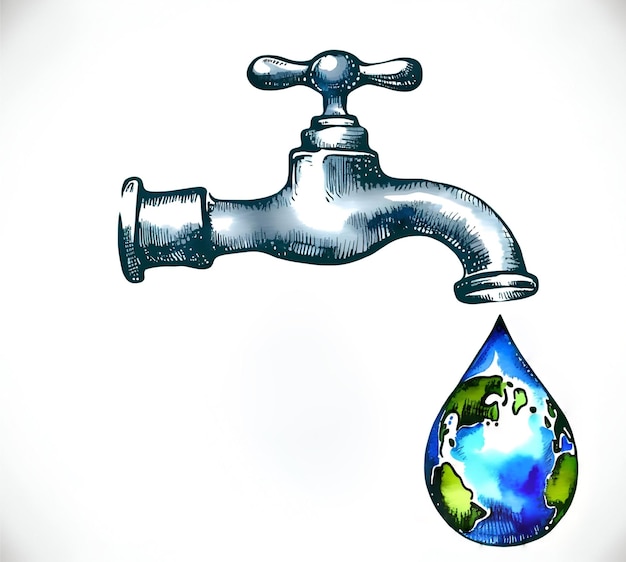 Акварель для Всемирного дня воды с планетой Земля в капле воды, падающей из крана
