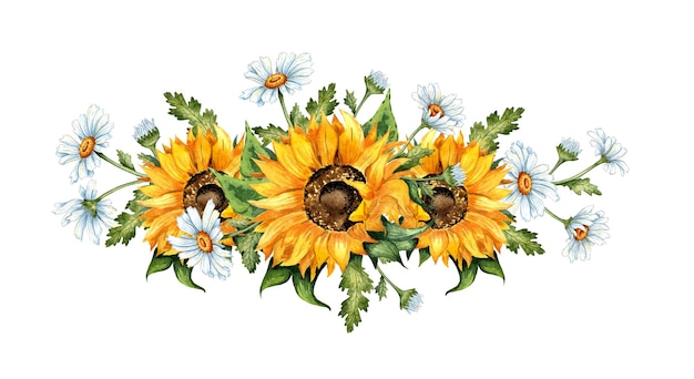 Watercolor illustration of a wreath border of yellow sunflowers and white daisies Harvest Festival The border is isolated Compositions for posters cards banners flyers covers placards