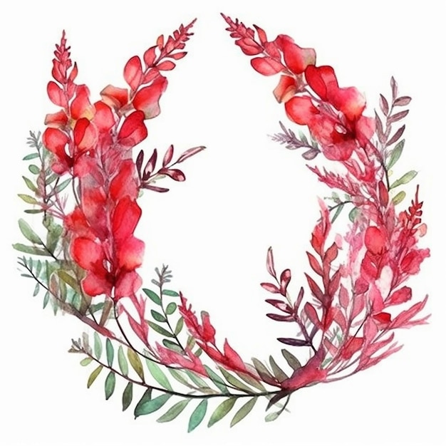 Watercolor illustration of a wreath of flowers.