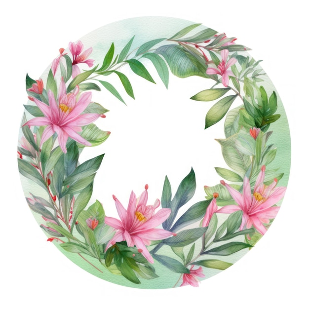 A watercolor illustration of a wreath of pink flowers with green leaves