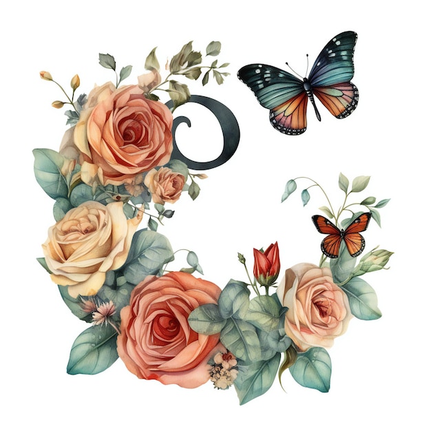 A watercolor illustration of a wreath with flowers and a butterfly.