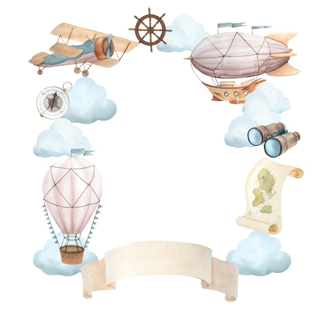 Photo watercolor illustration of wreath with flying vehicles and travel attributes airship retro plane hot air balloon binoculars steering wheel clouds compass map vintage paper