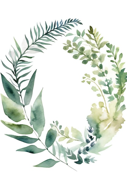 Watercolor illustration of a wreath with leaves and flowers.