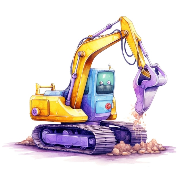 A watercolor illustration of a yellow excavator with a purple face.